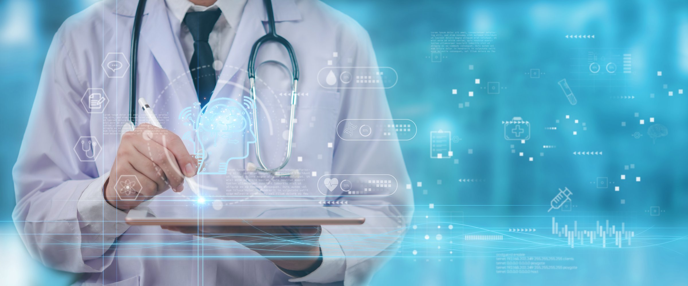 doctor using a digital tablet with AI healthcare Telemedicine technology